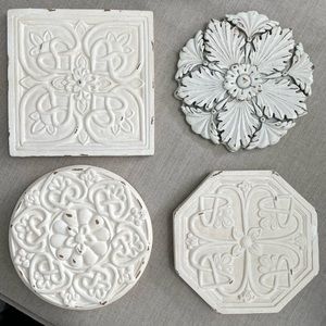 Elegant Decor Tiles 🖼️ Bundle, Set of 3 Plus 1 Similar, White Wash